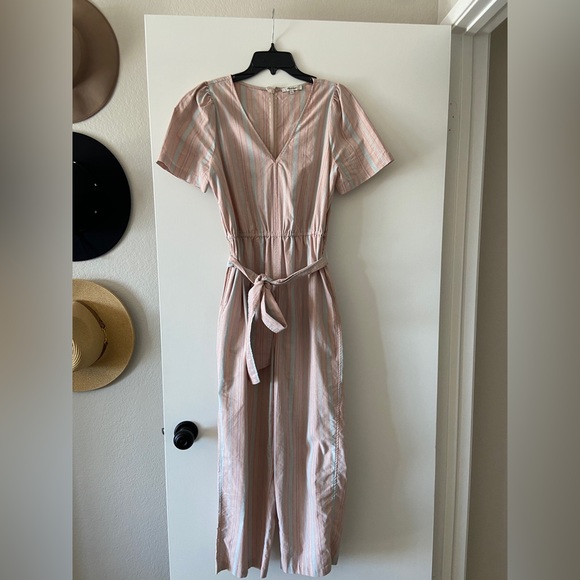 Madewell Linen Blend Puff Sleeve Striped Tapered Jumpsuit - Picture 6 of 11